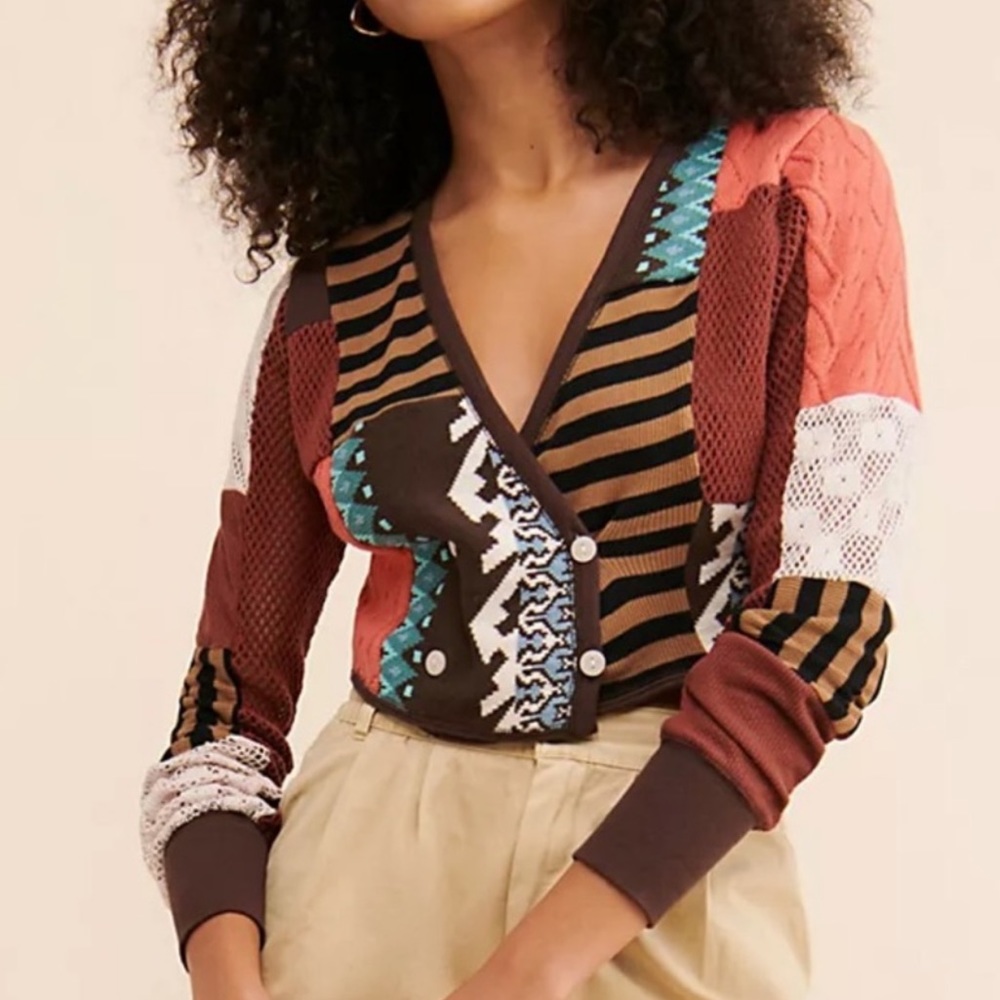 FREE PEOPLE PIECES OF ME LONG SLEEVE WRAP STYLE PATCHWORK TOP XS S
